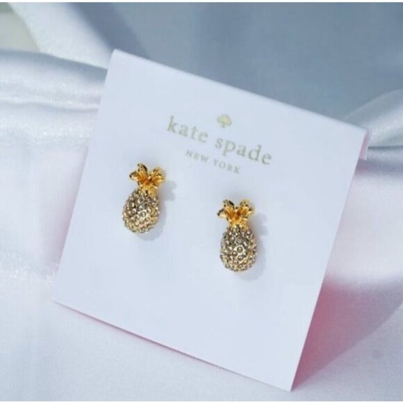 NWT Kate Spade By The Pool Pave Pineapple Stud Dainty Mini Earrings 14k Gold - Picture 2 of 7